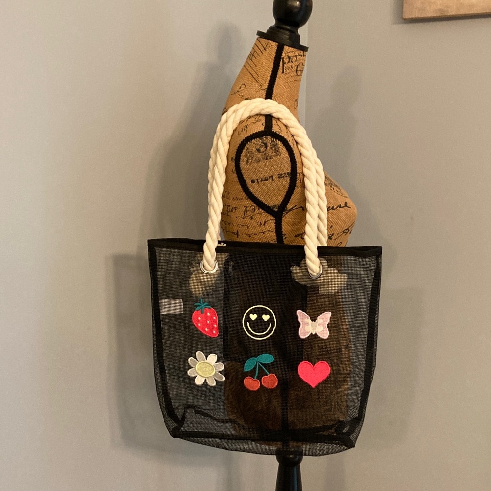 NWOT Black Mesh Tote w/Rope Handles and Colorful Patches